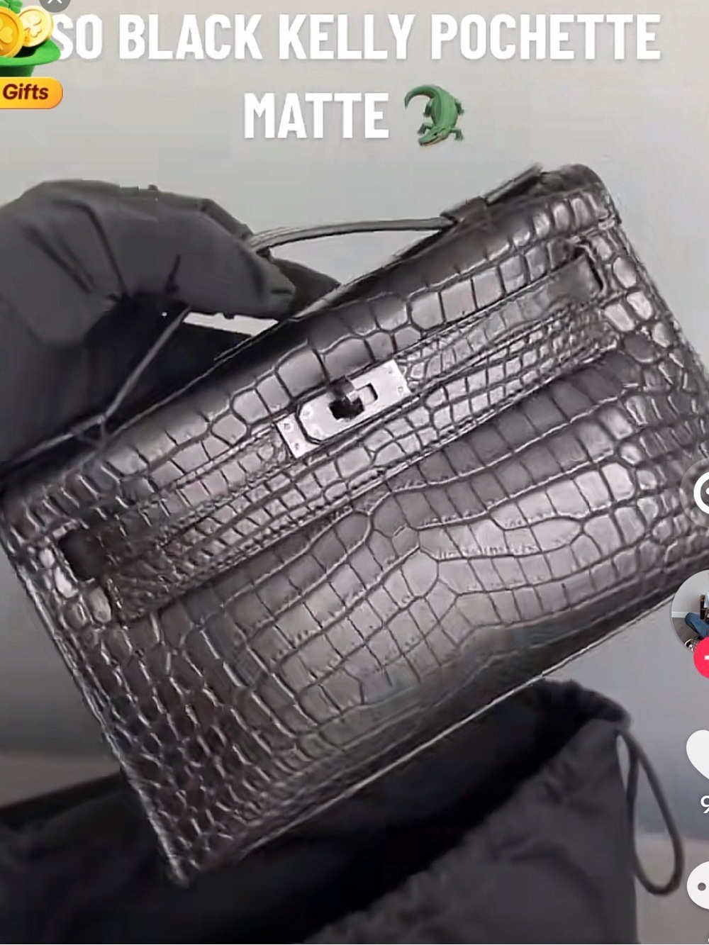 Matte Black Crocodile Embossed Kelly Pochette PVD Hardware